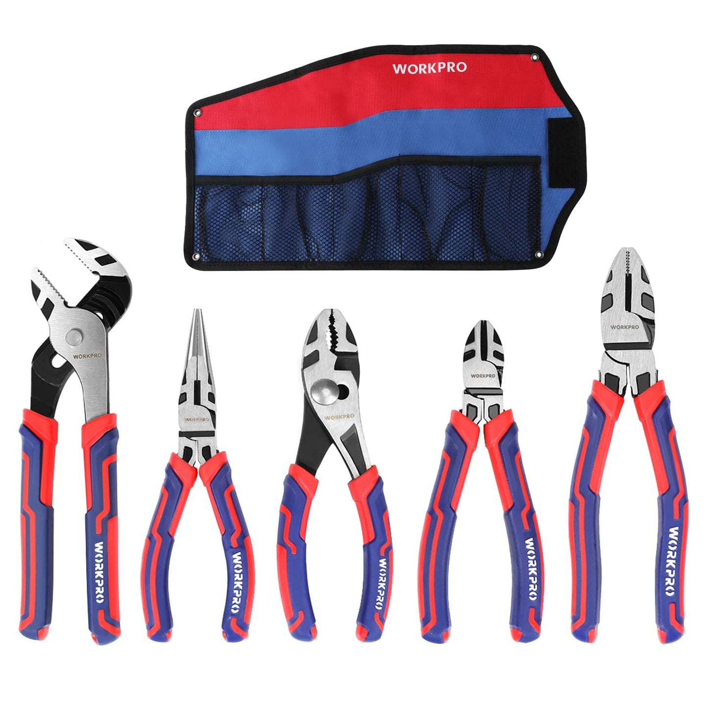 WORKPRO 6-8 Inch Pliers Set, Cr-V Construction, Slip Joint, Long Nose, Diagonal, Groove Joint, Linesman with Storage Pouch for Repairs