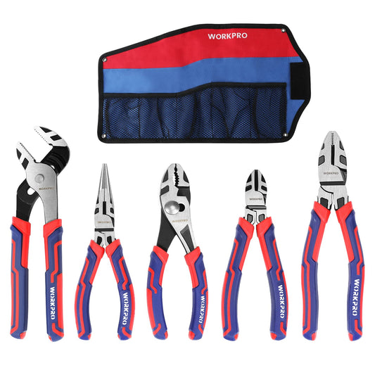 WORKPRO 6-8 Inch Pliers Set, Cr-V Construction, Slip Joint, Long Nose, Diagonal, Groove Joint, Linesman with Storage Pouch for Repairs