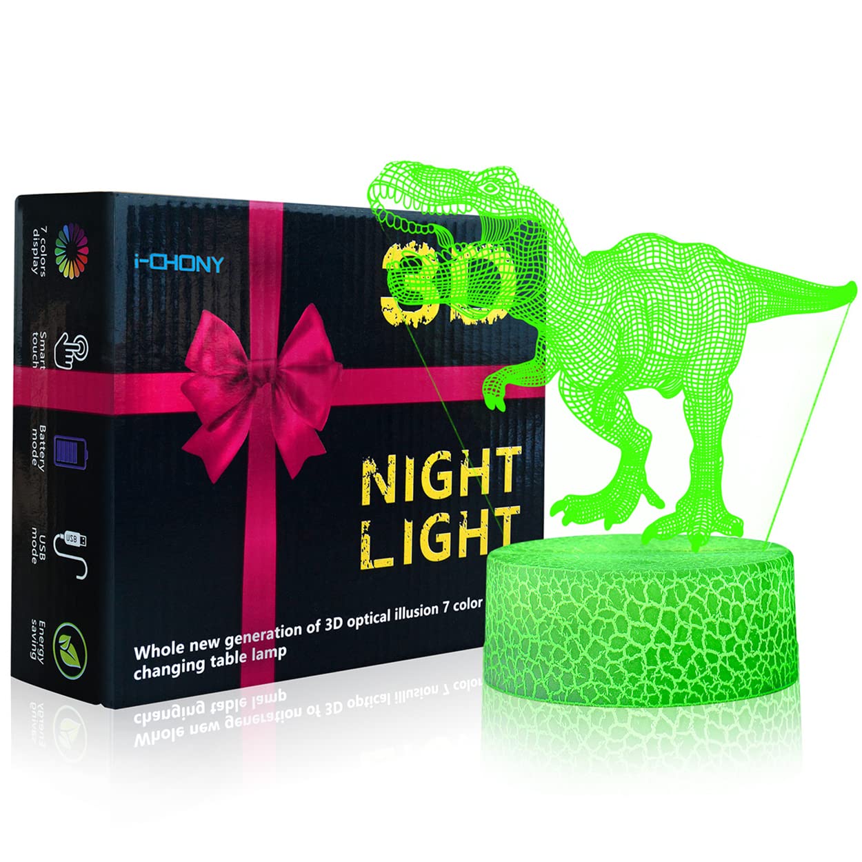 i-CHONY Dinosaur 3D Night Light T-Rex for Kids, 16-Color Dimmable LED Lamp with Remote, Touch Control & USB, Gift for Boys Girls