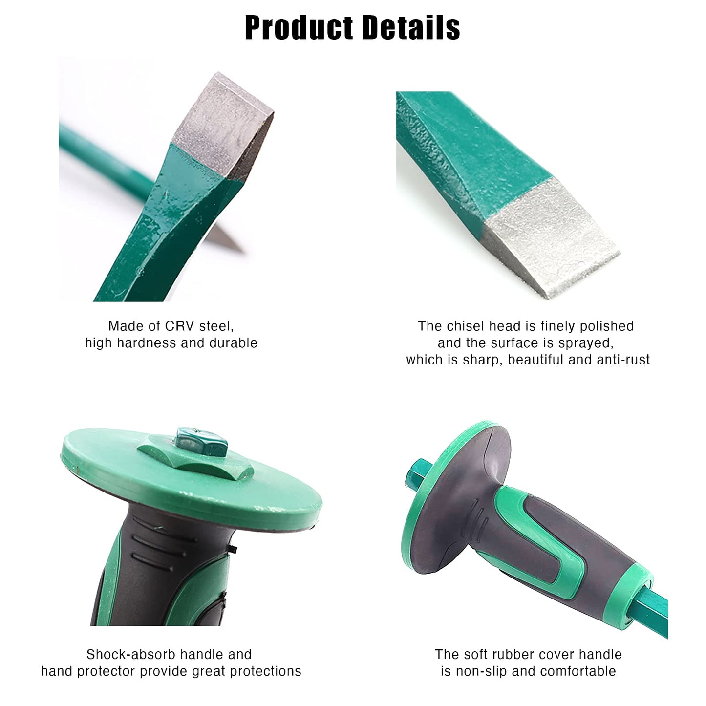 Genubi 12" Masonry Chisel with Hand Guard – Heavy Duty Flat End Concrete, Stone & Mortar Chisel for Demolishing, Carving & Splitting