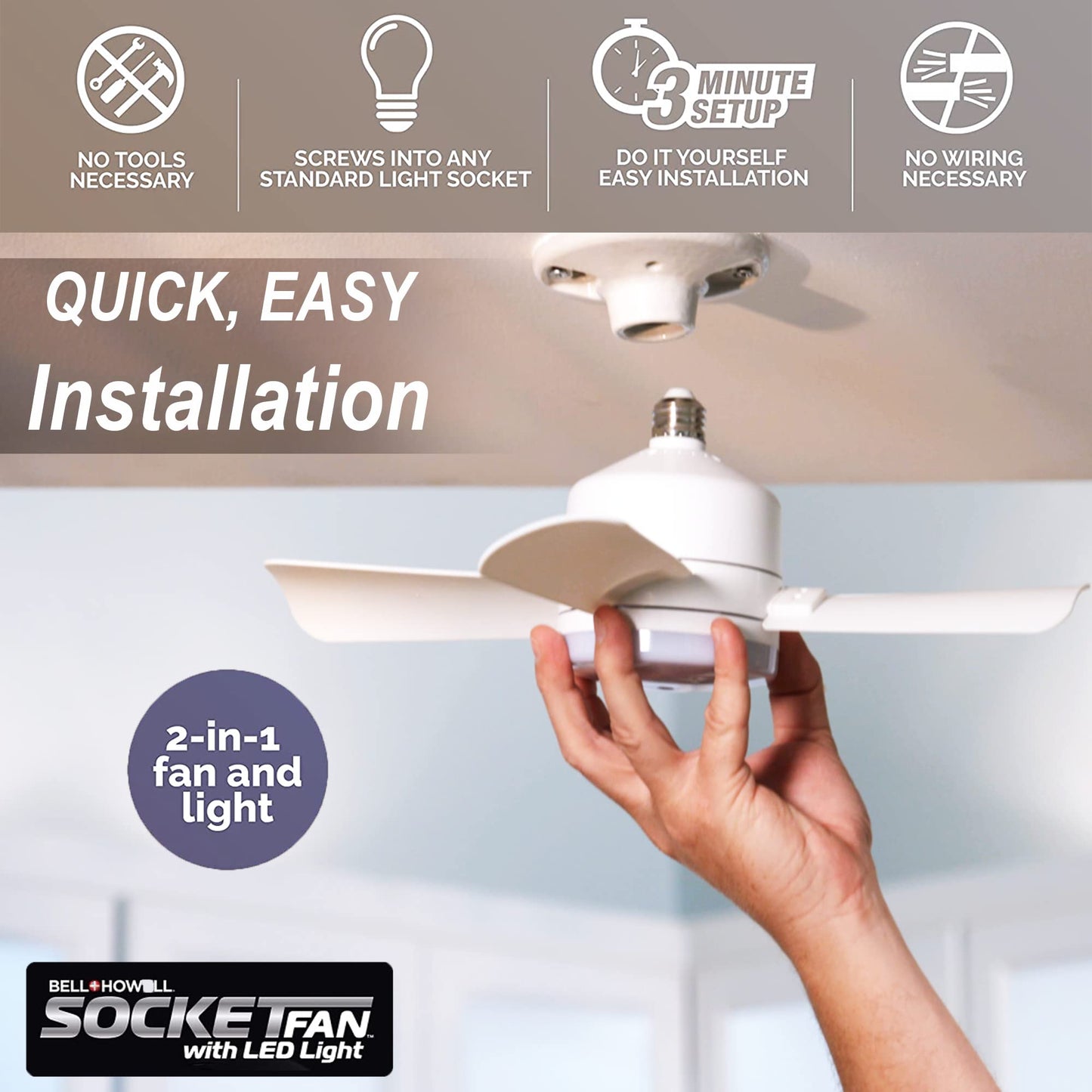 Bell+Howell Socket Breeze Mini Ceiling Fan with LED Light, 10" E26/E27 Screw Base, Corded, for Bedroom, Living Room & Kitchen
