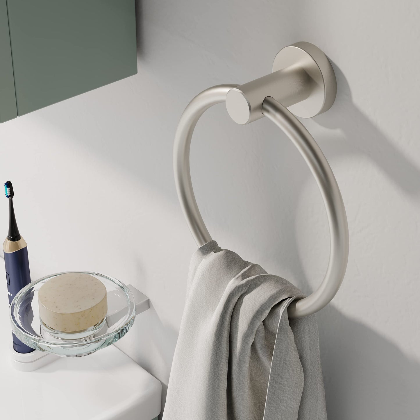 RARXTR Brushed Nickel Towel Ring, Hand Towel Holder for Bathroom Kitchen Modern Rounded Base Wall Mount SUS304 Stainless Steel