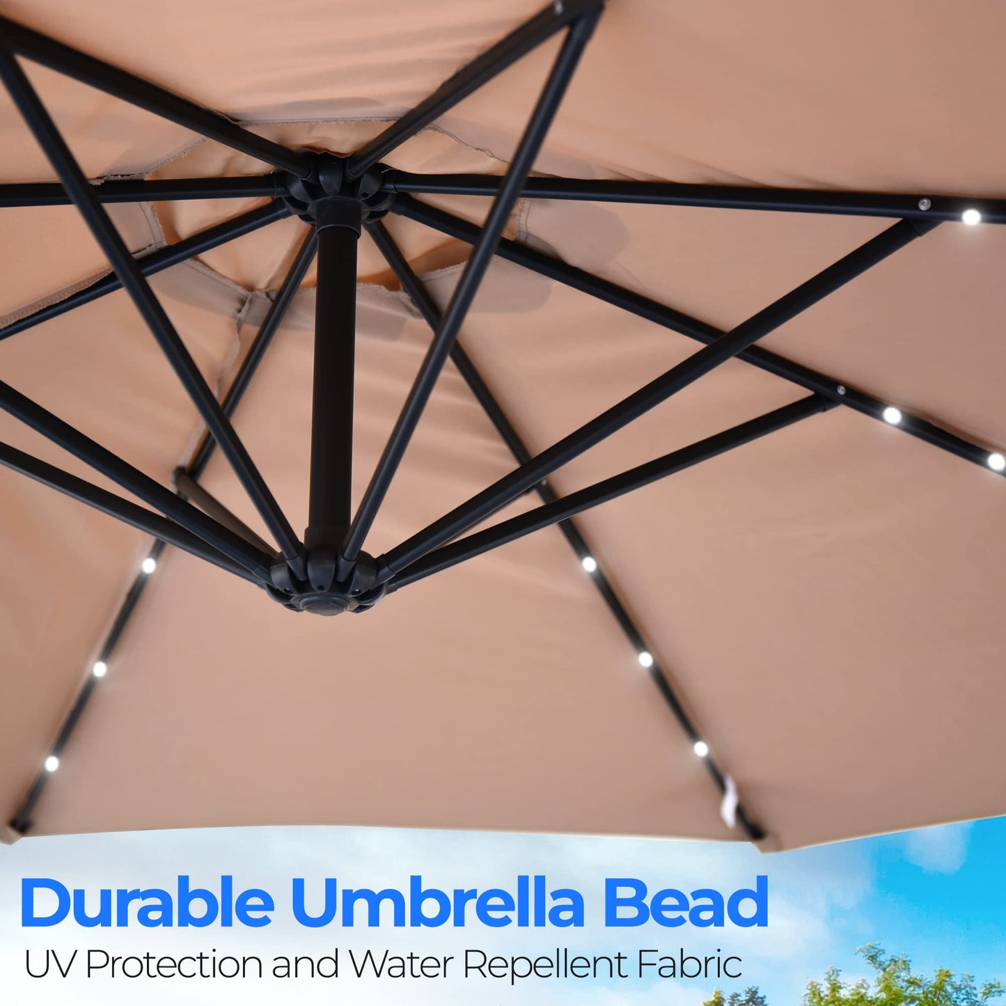 SereneLife 10ft Patio Umbrella with Solar LED Lights, Push Button Tilt, Easy Crank, 6-Rib Outdoor Umbrella with Cross Base