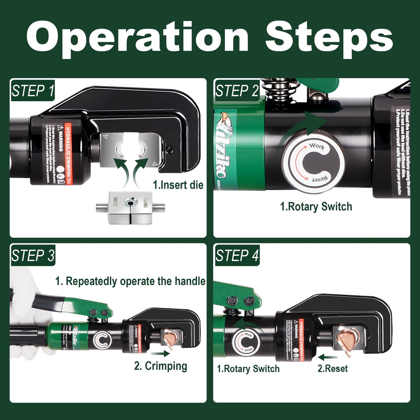 UTZIKO Hydraulic Cable Lug Crimper 10 US TON 12 AWG to 00 (2/0) Electrical Terminal Cable Wire Tool Kit with 9 Die (12awg~00awg Crimping Tool)