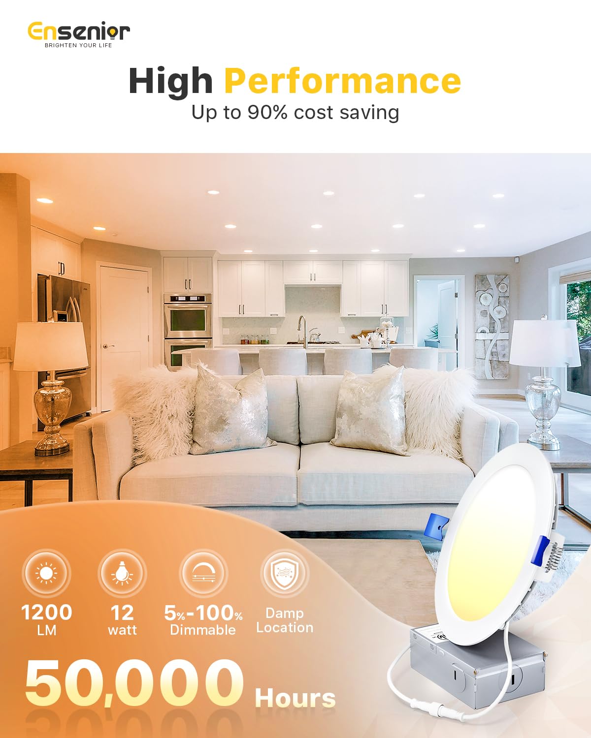 Ensenior 48-Pack 6" LED Recessed Canless Lights, Dimmable 2700-5000K 5CCT, 12W 120V, 1200LM, Damp Rated, Ultra-Thin Ceiling Light