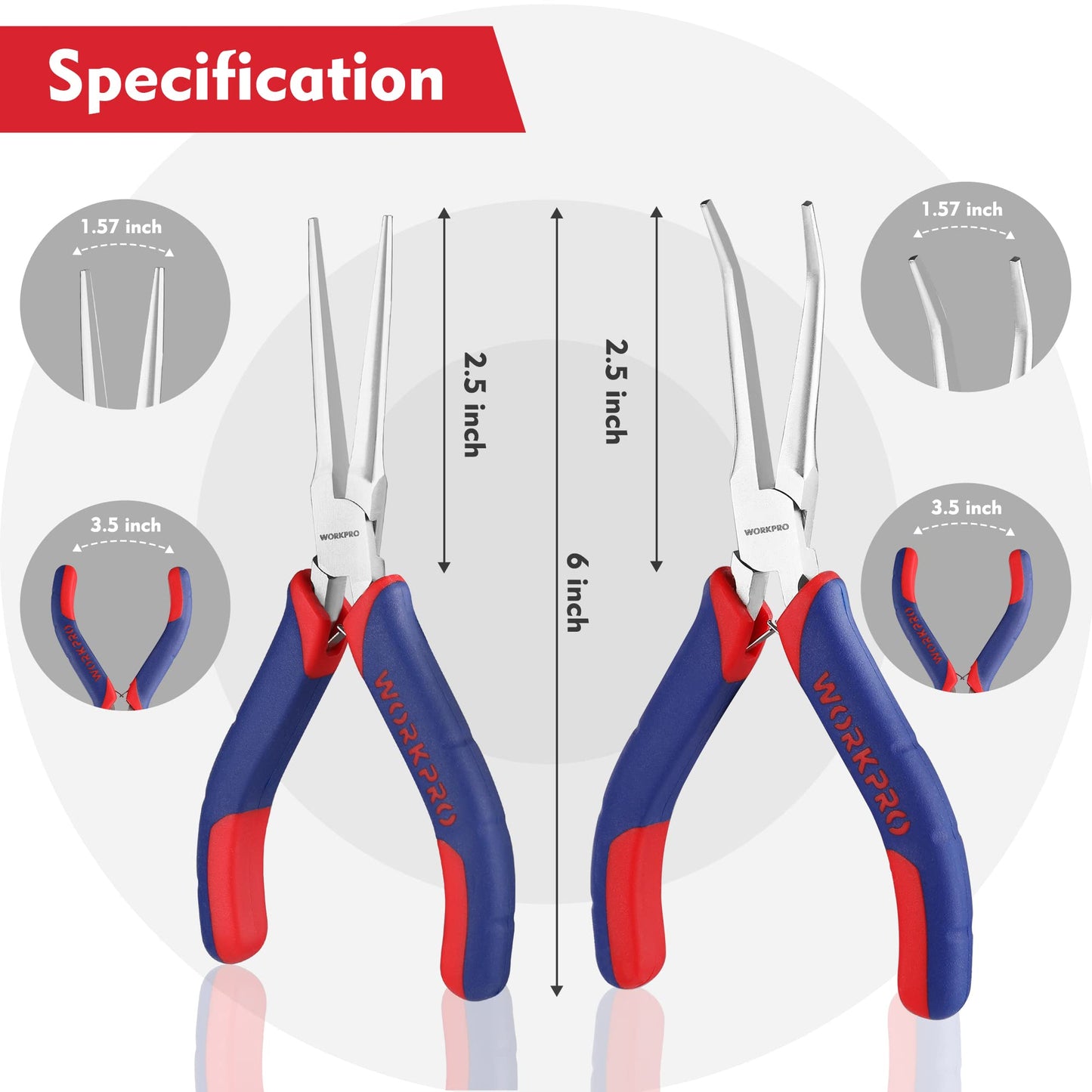 WORKPRO 2-Piece 6" Mini Needle Nose Pliers Set, Smooth Jaw Long & Bent Nose Pliers with Comfort Grip for Jewelry Making & Wire Wrapping