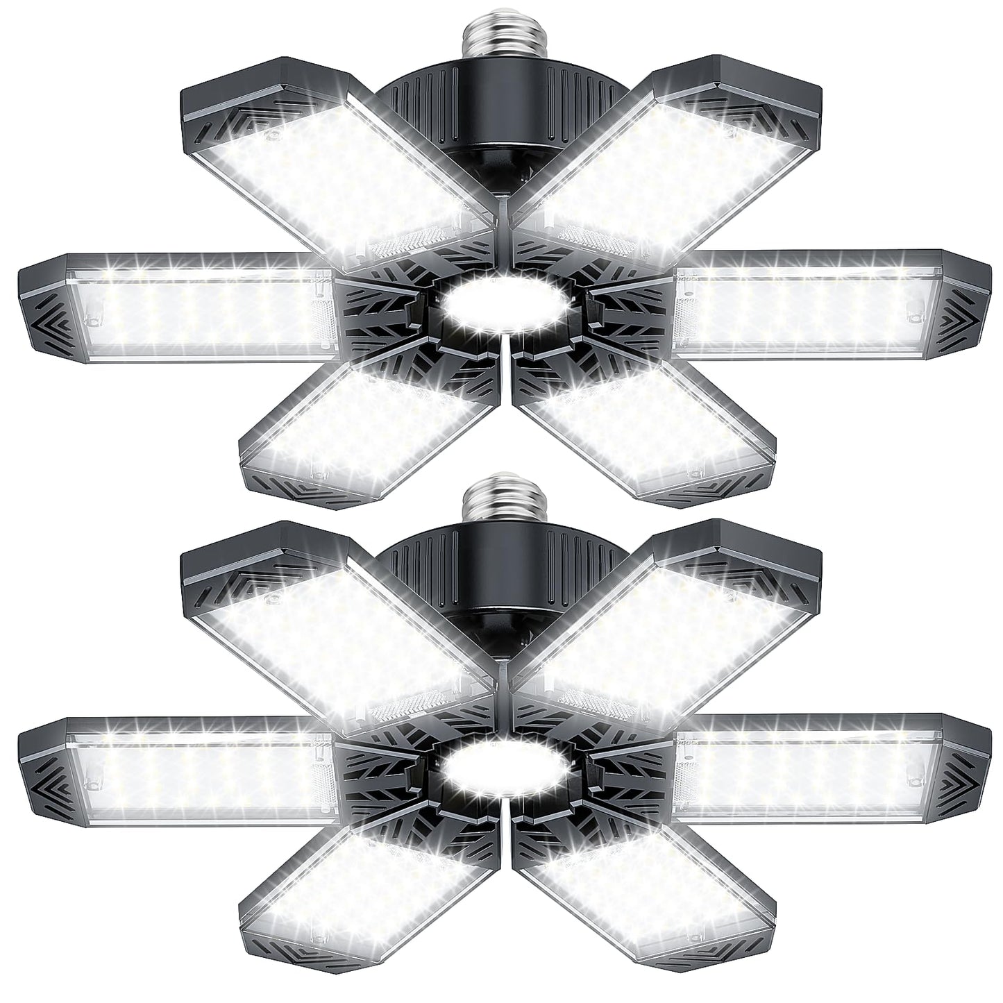 XINGHUANLIT 2-Pack 200W 20000LM Garage LED Lights, 6500K, 6+1 Deformable Panels, E26/E27 Socket, Ceiling Shop/Workshop/Barn Lighting