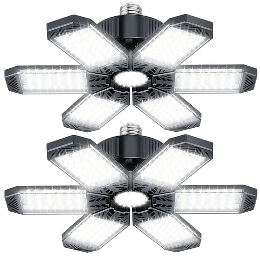 XINGHUANLIT 2-Pack 200W 20000LM Garage LED Lights, 6500K, 6+1 Deformable Panels, E26/E27 Socket, Ceiling Shop/Workshop/Barn Lighting