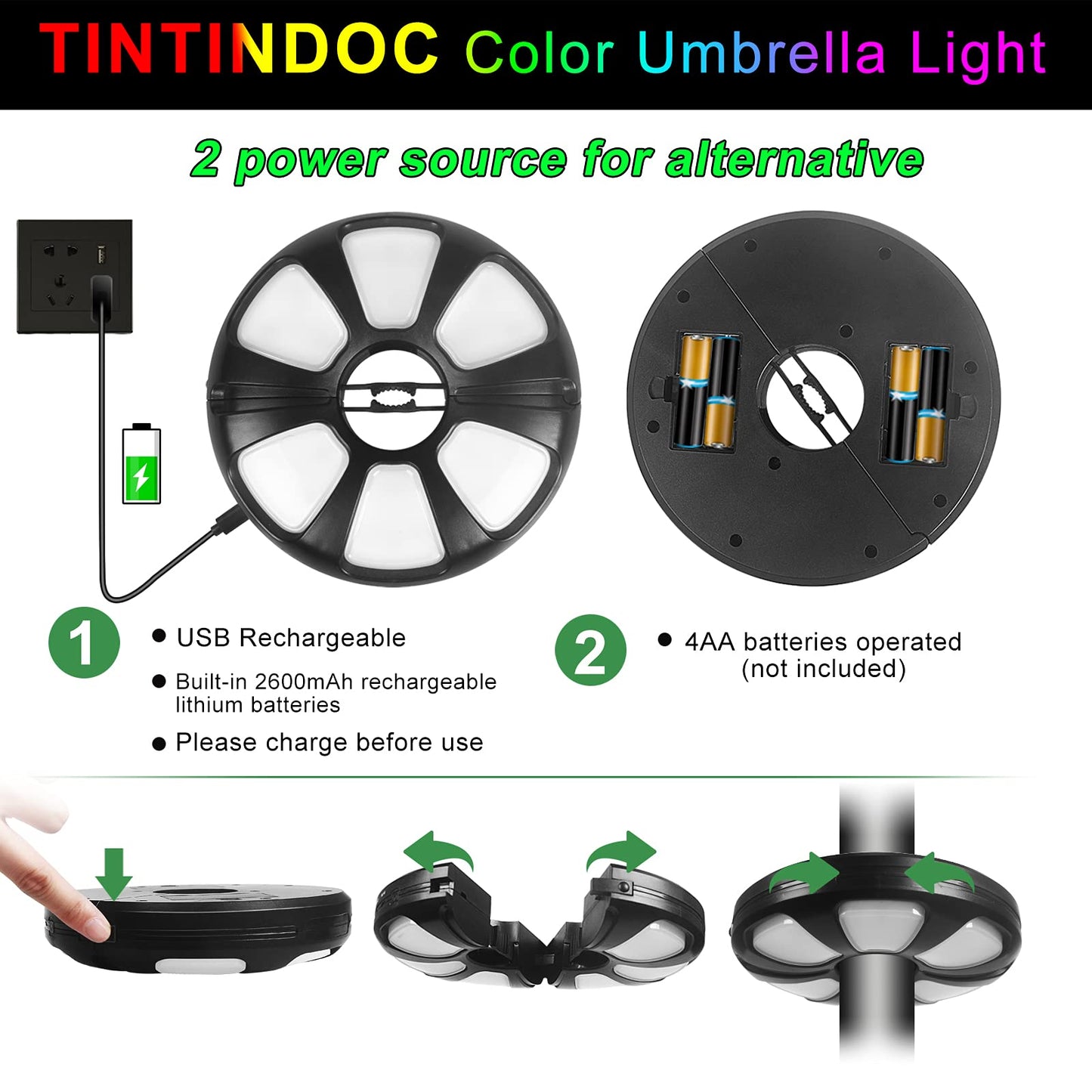 TINTINDOC Umbrella Light with Remote – Outdoor Patio Pole Light, Rechargeable/AA Battery, 300 Lumen, Stepless Dimming