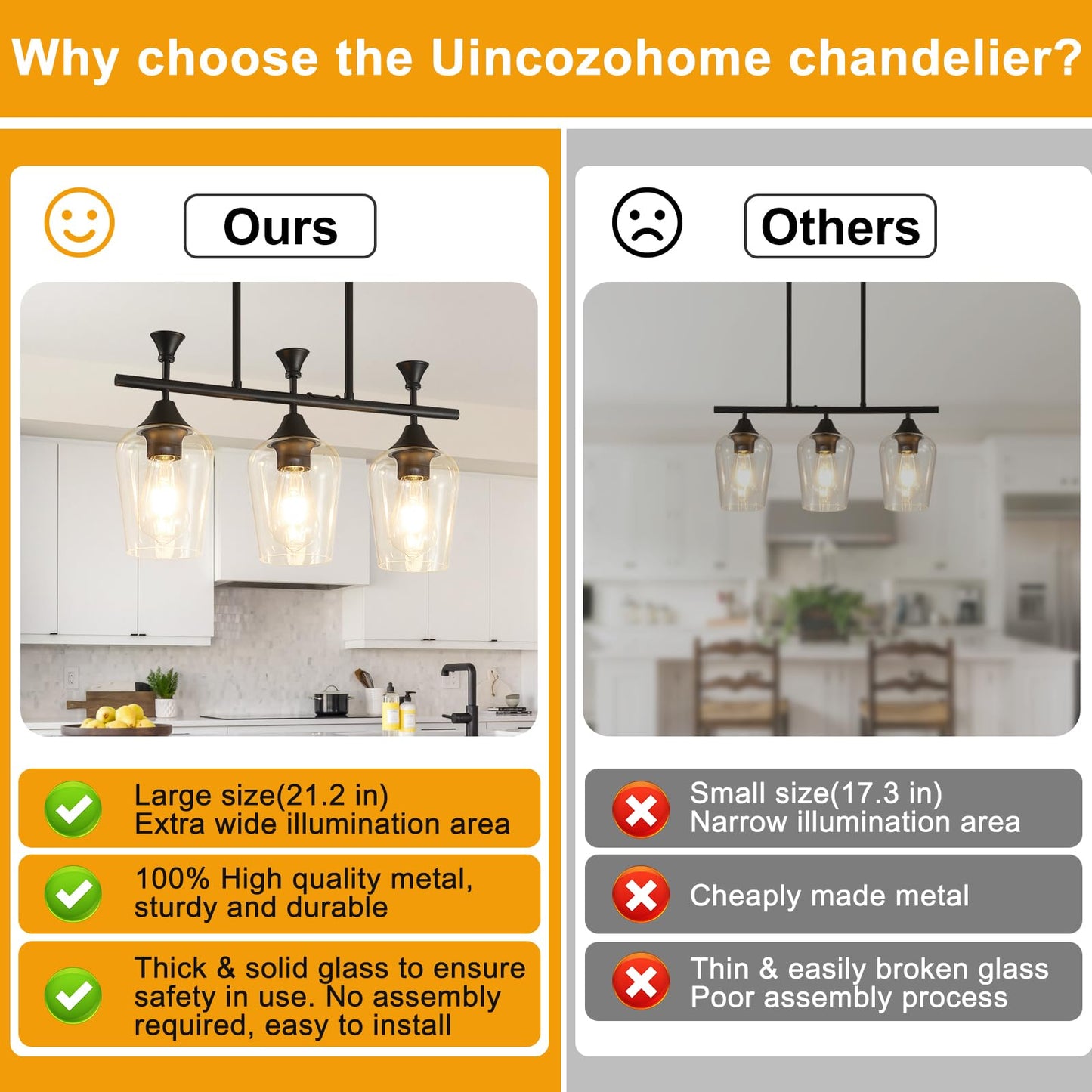 21.2'' Farmhouse Linear Chandelier, 3-Light Dining Room & Kitchen Island Pendant, Matte Black Ceiling Light with Clear Glass Shades