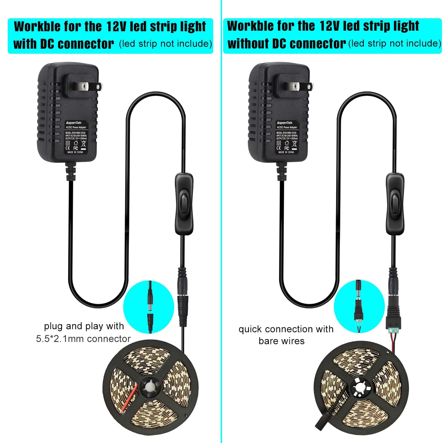AspenTek 12V DC Power Supply Adapter with Inline On/Off Switch for LED Strips, Bars, Tape & Under Cabinet Lighting, 12W 1000mA Output