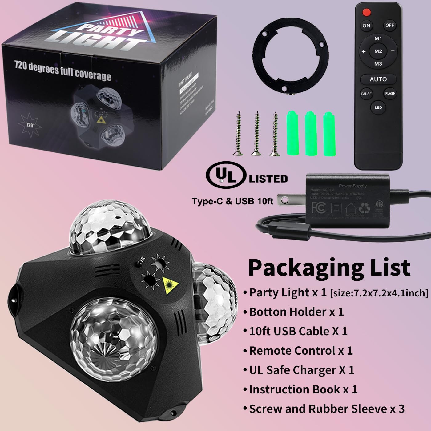 Disco Ball Party Lights Indoor/Outdoor, 3 Sound-Activated Strobe Balls with Remote for Christmas, Halloween, KTV & Club Parties