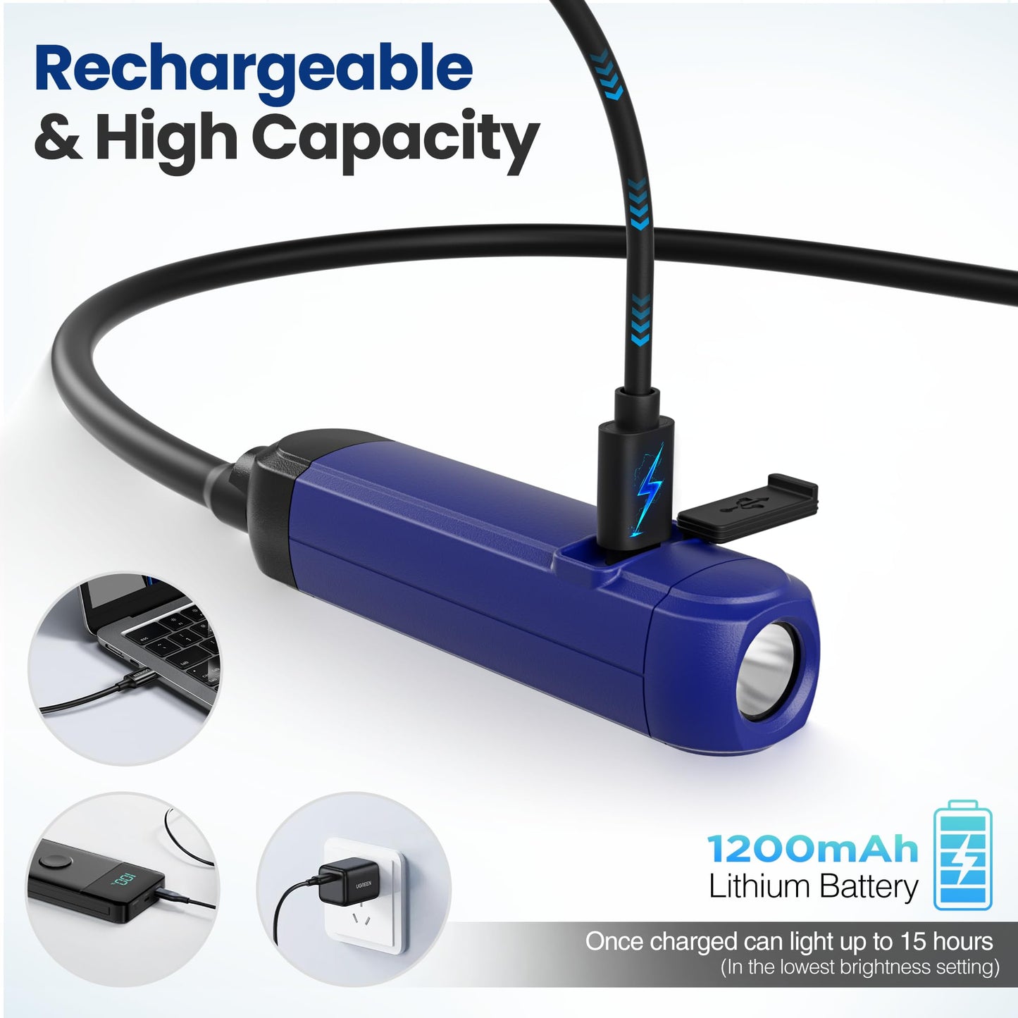 WORKPRO Rechargeable Neck Light – 300 Lumens, 3 Brightness Levels, Bendable Silicone Arm, Hands-Free for Reading, Camping, DIY, Blue/Black