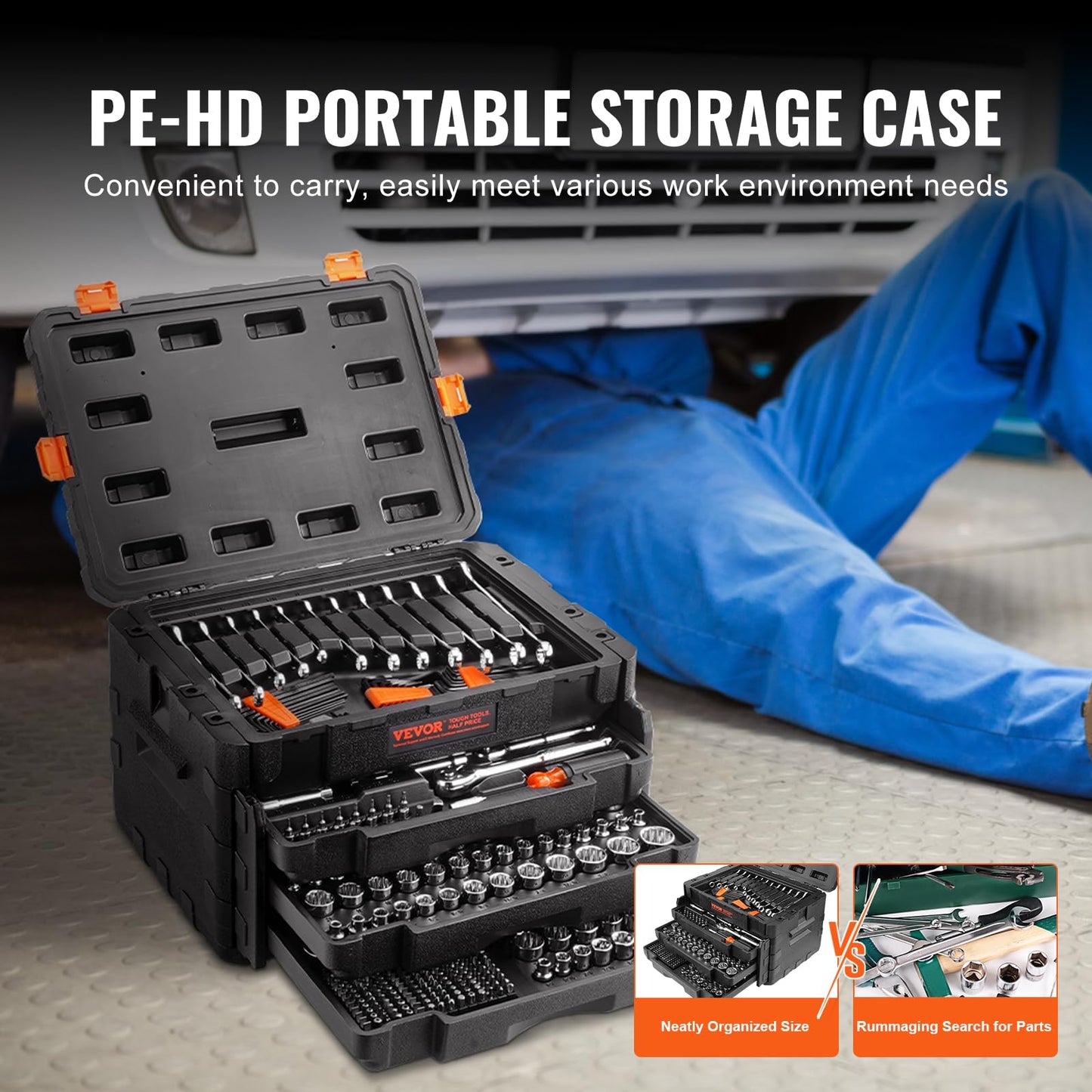 VEVOR 450-Piece Mechanics Tool & Socket Set, SAE/Metric, 1/4" 3/8" 1/2" Drive, Wrenches, Bits & Accessories with Storage Case