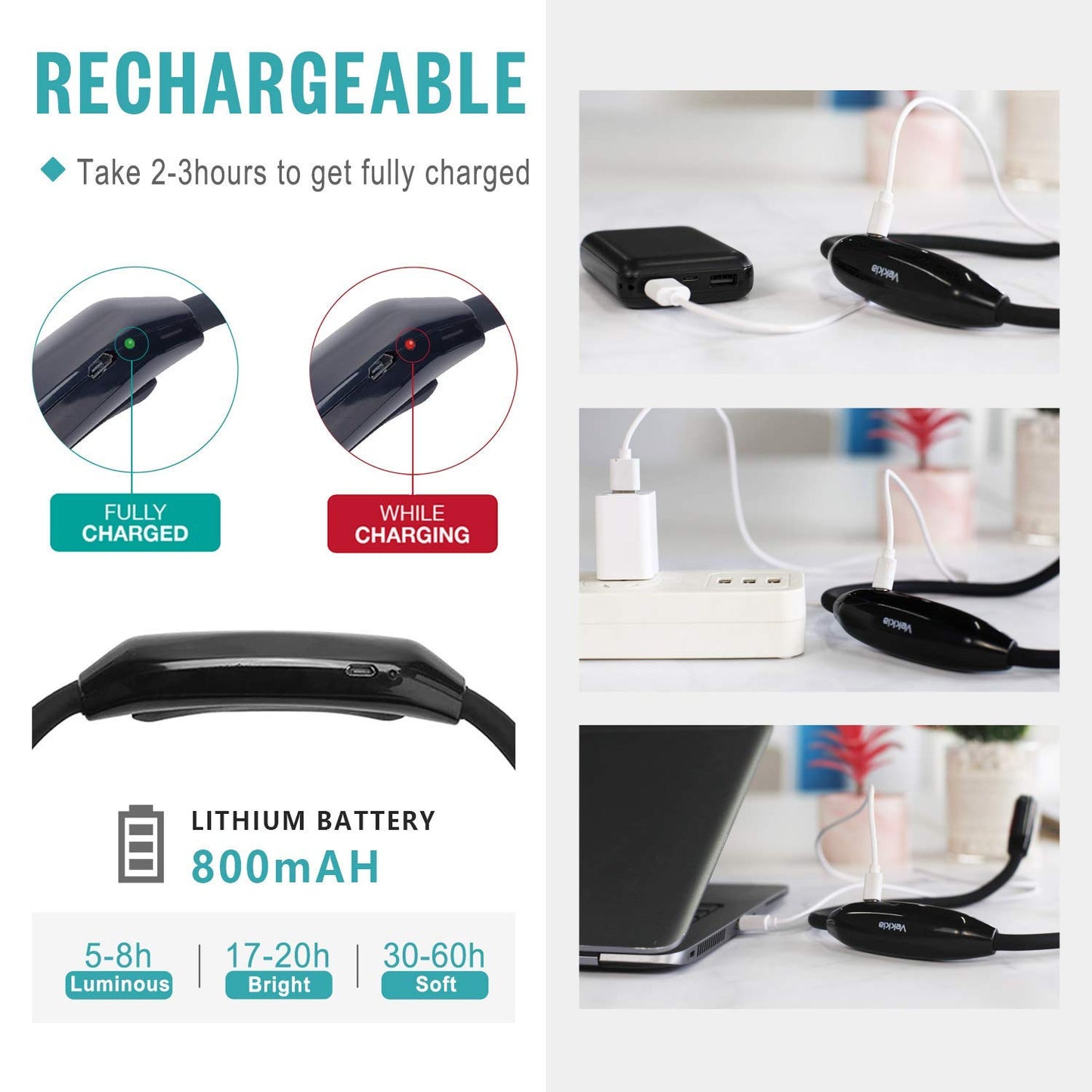 Vekkia Lightweight Neck Reading Light, 3 Colors & 9 Brightness Levels, Rechargeable Hands-Free Lamp for Bed, Crafts & Hobbies