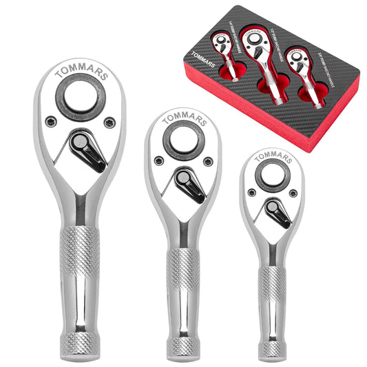 TOMMARS Stubby Ratchet Set, 1/4", 3/8", 1/2" Drive Ratchet Handle Wrench 72-Tooth Quick-Release Reversible, Gift for Men Mechanic Hand Tools