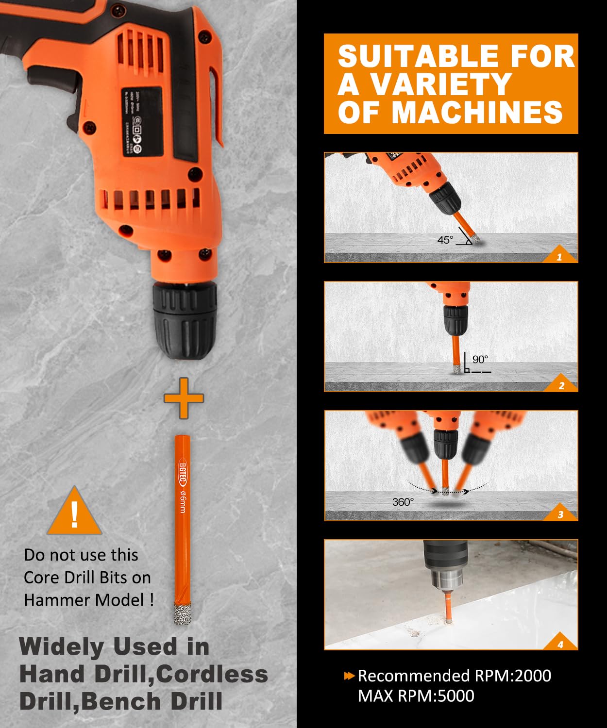 BGTEC 10-Piece 1/4" Diamond Drill Bit Set – Vacuum Brazed Core Bits for Granite, Marble, Tile, Glass, Concrete & Hard Plastic