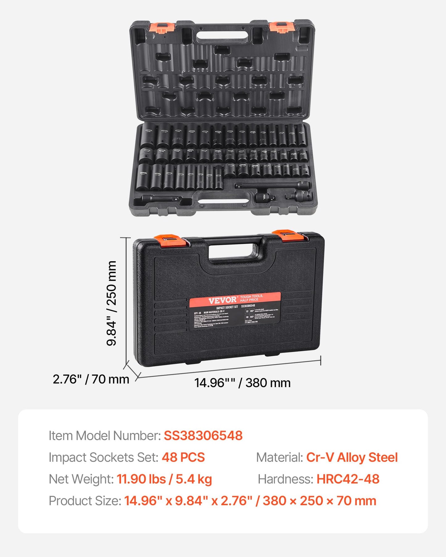 VEVOR 48-Piece 3/8" Drive Impact Socket Set, SAE & Metric, Deep & Shallow, 6-Point, CR-V with Extension, Universal Joint & Reducer