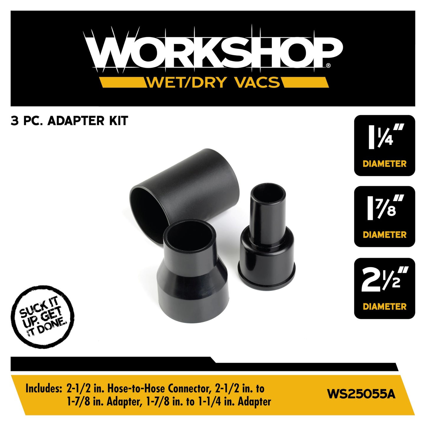 WORKSHOP WS25055A Wet/Dry Vacuum Accessory Adapter Kit, 3-Piece Set for Shop Vacs, Connect Hoses & Parts
