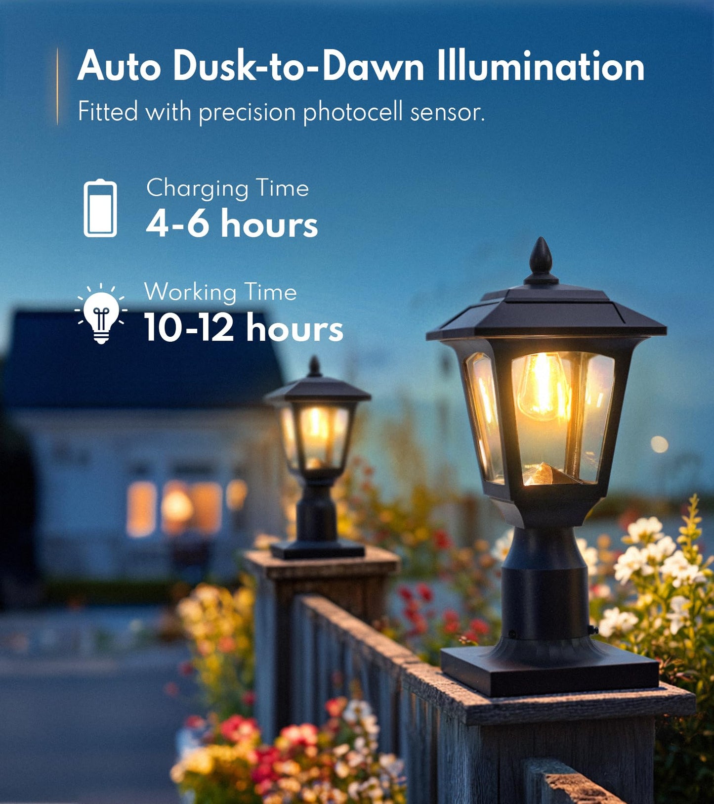 PASAMIC Solar Post Lights 2 Pack, 3000K Warm White Dusk to Dawn Outdoor Solar Fence & Garden Pillar Lights, Waterproof Aluminum Base, Bonus Bulb Included