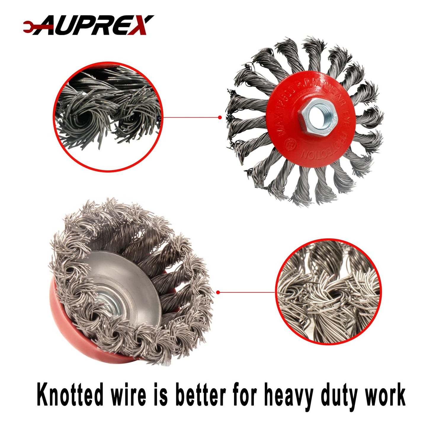 AUPREX 4 Pack Wire Wheel Brush Set for Angle Grinders, 4 & 3 Inch, 5/8'-11 Thread Arbor, Twist Knotted Coarse Crimped Wire Brushes