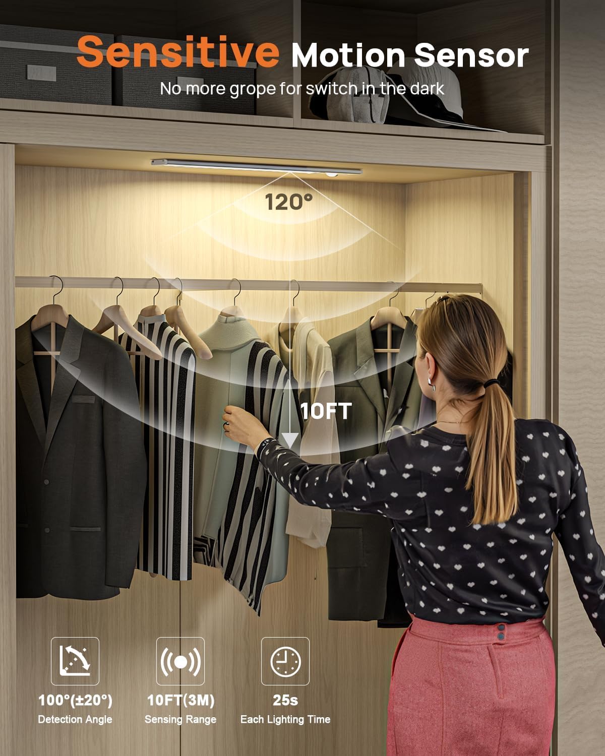 16" LED Under Cabinet Lights with Remote, Motion Sensor, USB Rechargeable 4000mAh, 3 Color Temps, Wireless Kitchen, Closet, 3-Pack