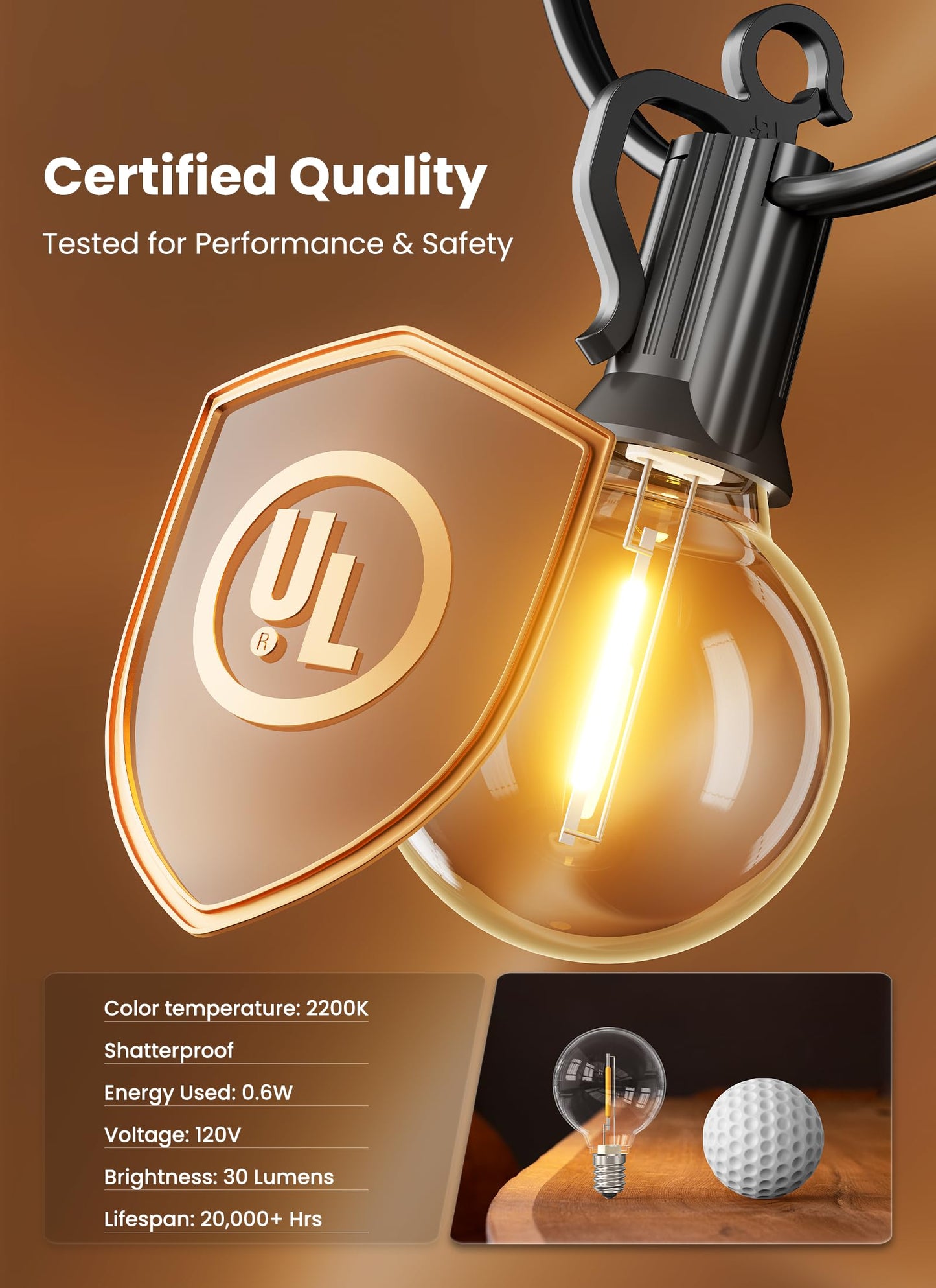 25ft Outdoor G40 LED String Lights, 13+1 Edison Bulbs, Waterproof, Plug-In, Connectable Patio, Backyard, Porch, Balcony Decor