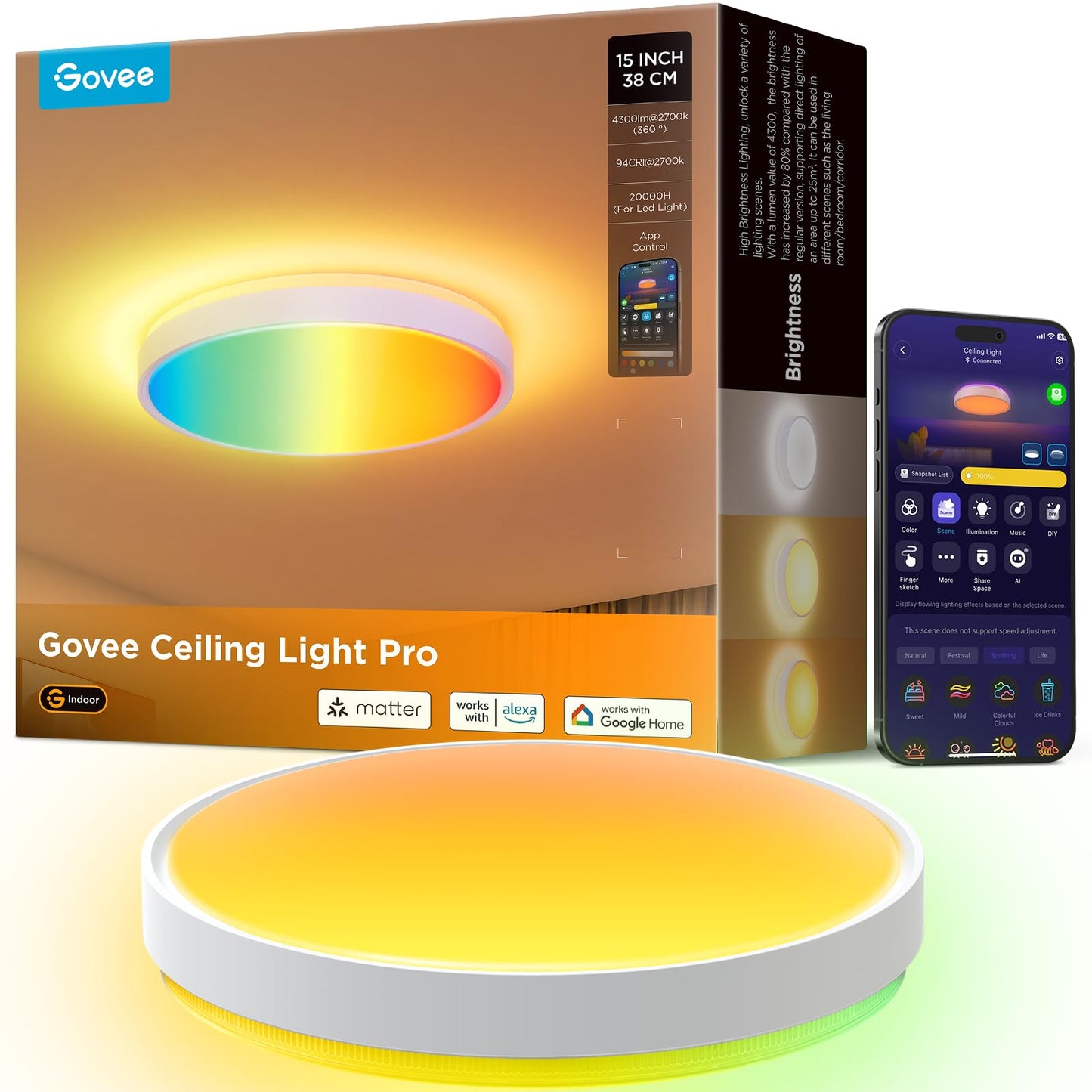 Govee Smart RGBIC LED Ceiling Light 15" 4300LM, Flush Mount, Dimmable 2700K-6500K, DIY Colors, Matter Compatible, Bedroom & Living Room