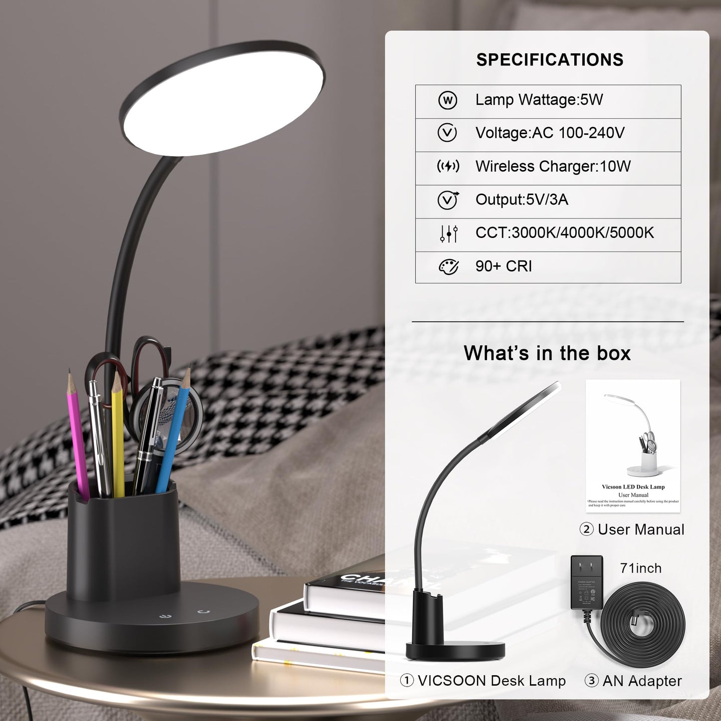 Vicsoon LED Desk Lamp for Home Office, Touch Control, 3 Color Modes, Dimmable 360° Adjustable Arm, Pen & Phone Holder, Black