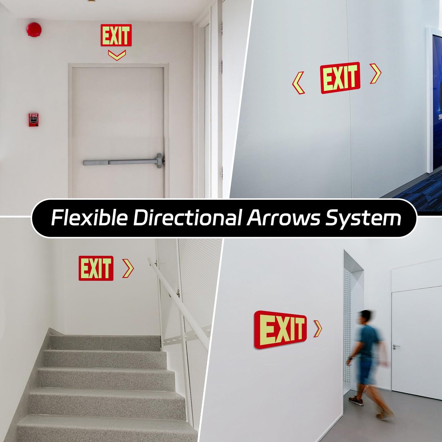 EXIT Sign Glow in the Dark Decals, 2-Pack 10"x7" Vinyl Stickers with 4 Arrows, Photoluminescent Emergency Signs, Visible 8 Hours