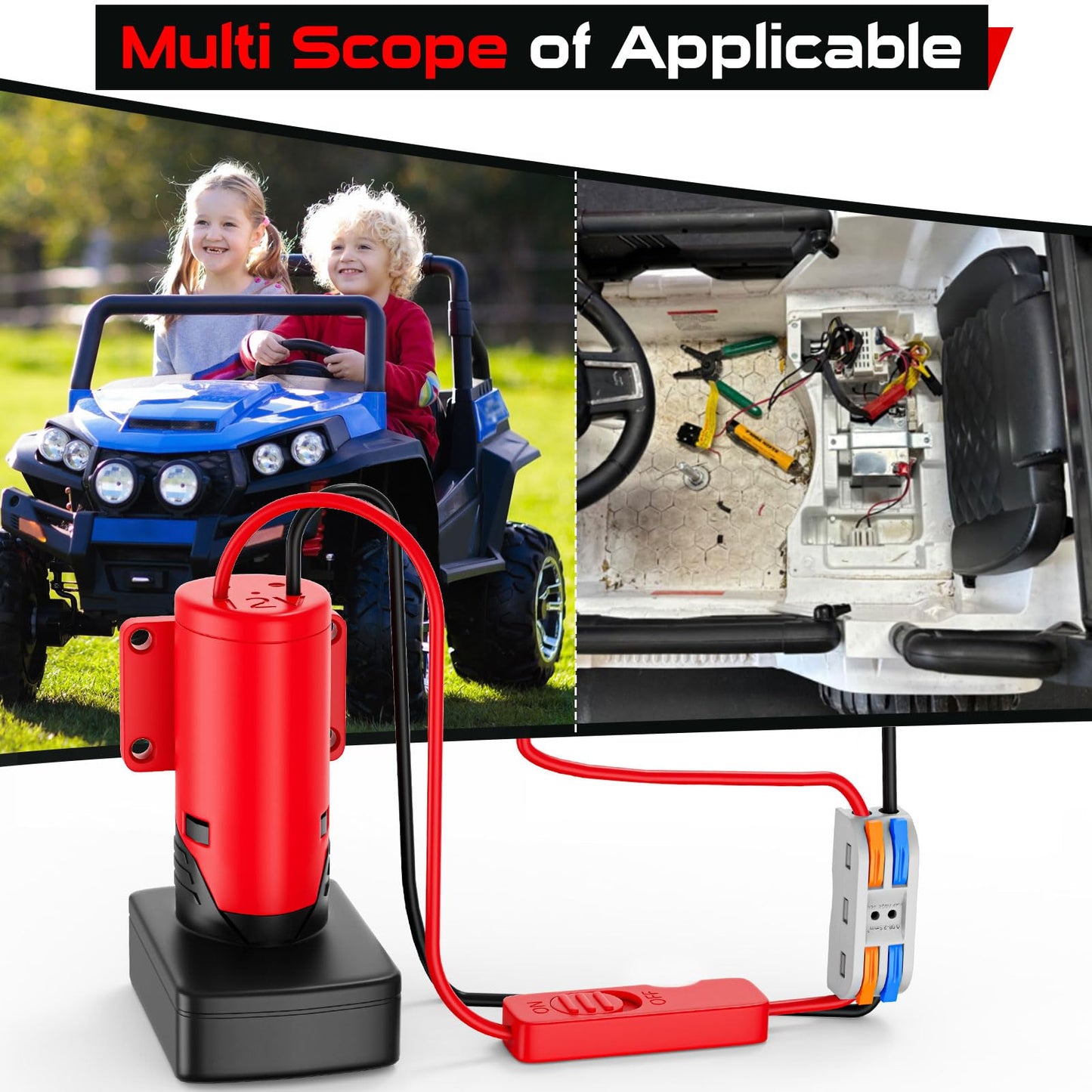 Crtbelfy Upgraded Milwaukee 12V Battery Adapter with Built-in Fuse & Switch, Power Ride Wheel Converter Kit, 14 Gauge