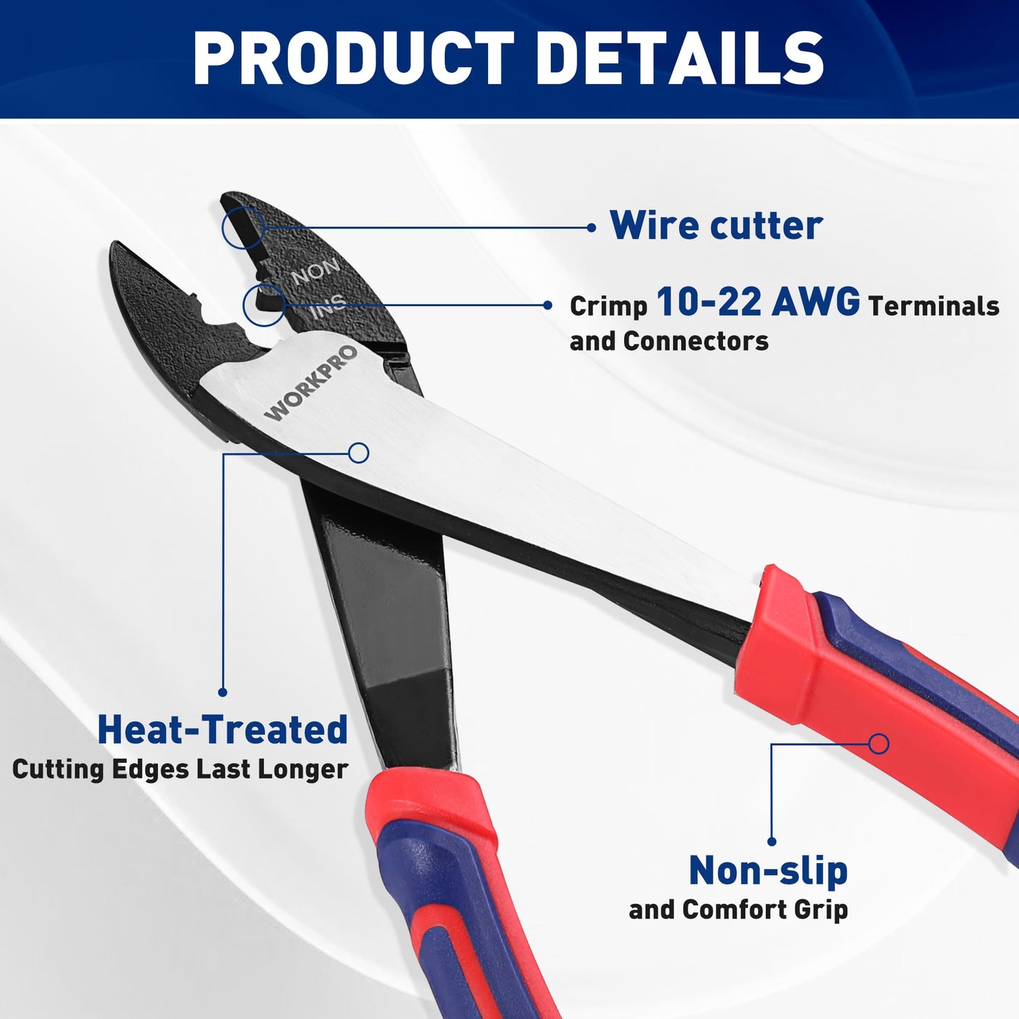 WORKPRO 9.5" Wire Cutter & Crimper Tool for 10-22 AWG Terminals, Insulated & Non-Insulated Wire Connections