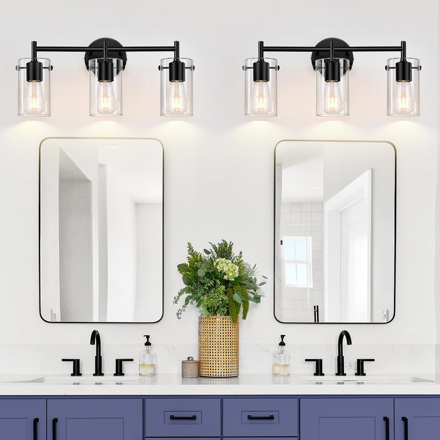 Indoi 3-Light Matte Black Bathroom Vanity Light, Clear Glass Shades, Wall Sconce for Mirror, Bedroom, Hallway & Living Room