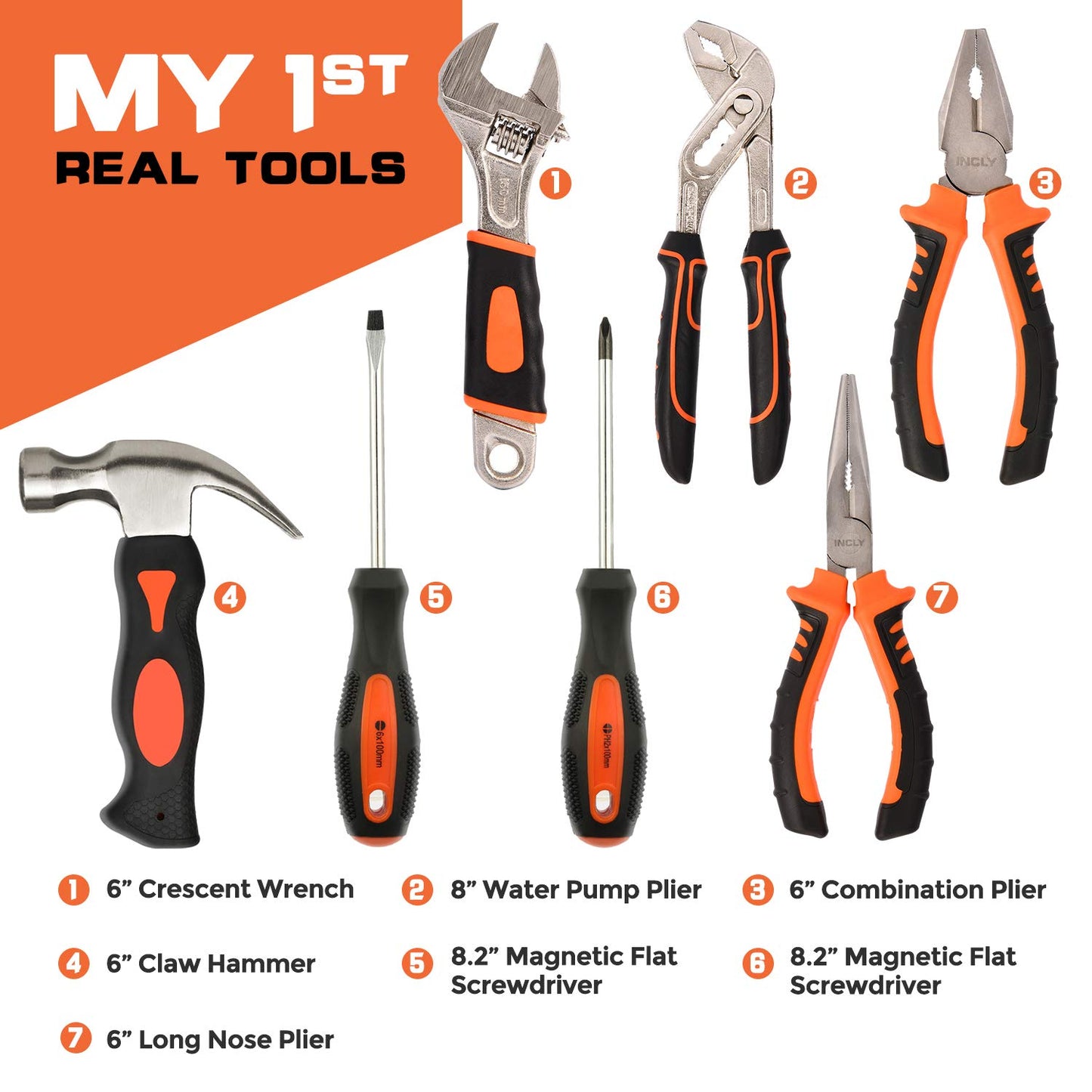 INCLY 95-Piece Kids Real Tool Set with Hammer, Screwdrivers & More, Includes Tool Belt & Bag for DIY, Building & Woodworking Fun