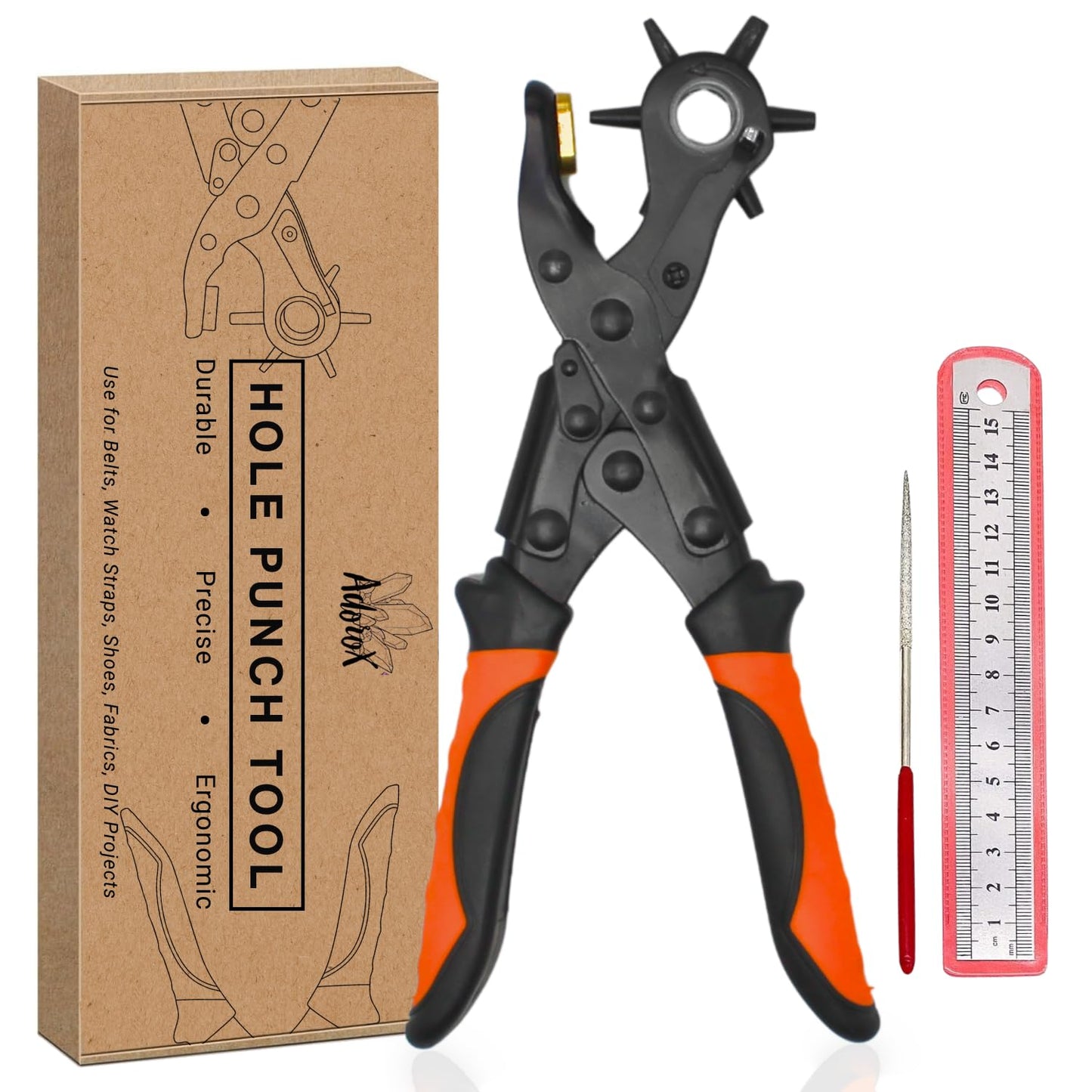 Adorox Heavy Duty Revolving Hole Punch Pliers Kit – 6 Sizes with Steel Ruler & File for Belts, Watch Straps, Shoes & DIY Crafts