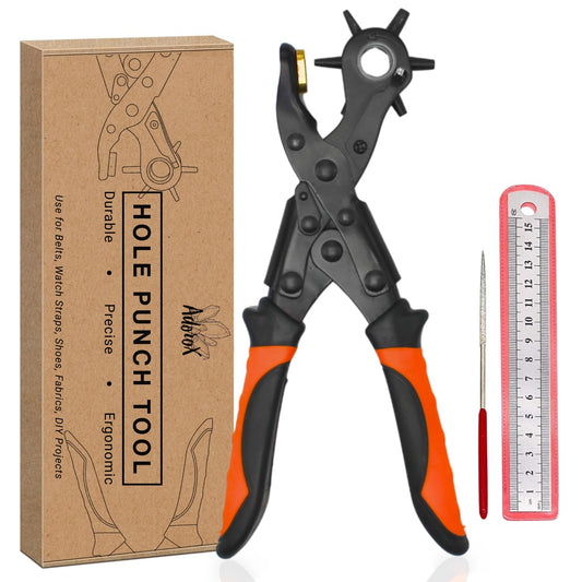 Adorox Heavy Duty Revolving Hole Punch Pliers Kit – 6 Sizes with Steel Ruler & File for Belts, Watch Straps, Shoes & DIY Crafts