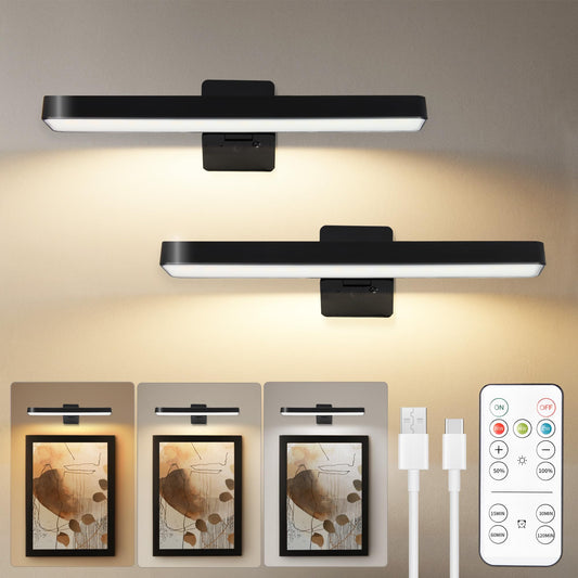 Auncko 2-Pack Rechargeable Wall Picture Lights with Remote – Dimmable, 3 Color Temps, Timer, Wireless Art & Frame Lighting, Black