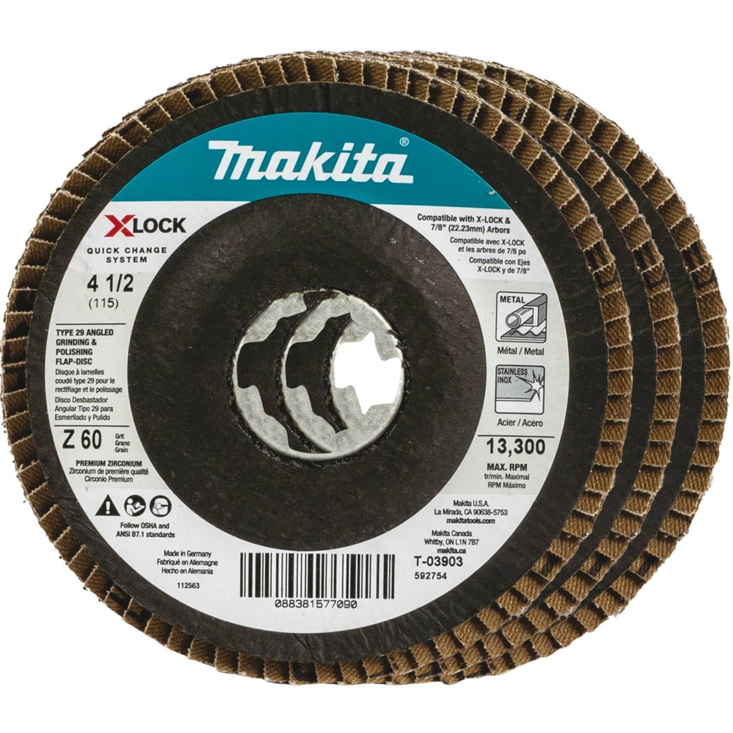 Makita T-03903-3 X-Lock 4‑1/2" 60 Grit Type 29 Angled Grinding and Polishing Flap Disc X-Lock and All 7/8" Arbor Grinders, 3/pk