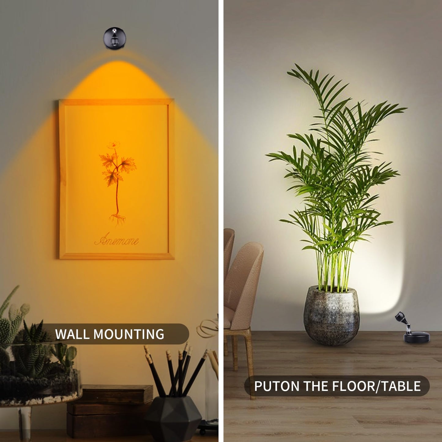 LEASTYLE Wireless Indoor Spotlight for Plants & Artwork, Battery Operated, LED Dimmable, Cordless, Remote Controlled – 2 Pack