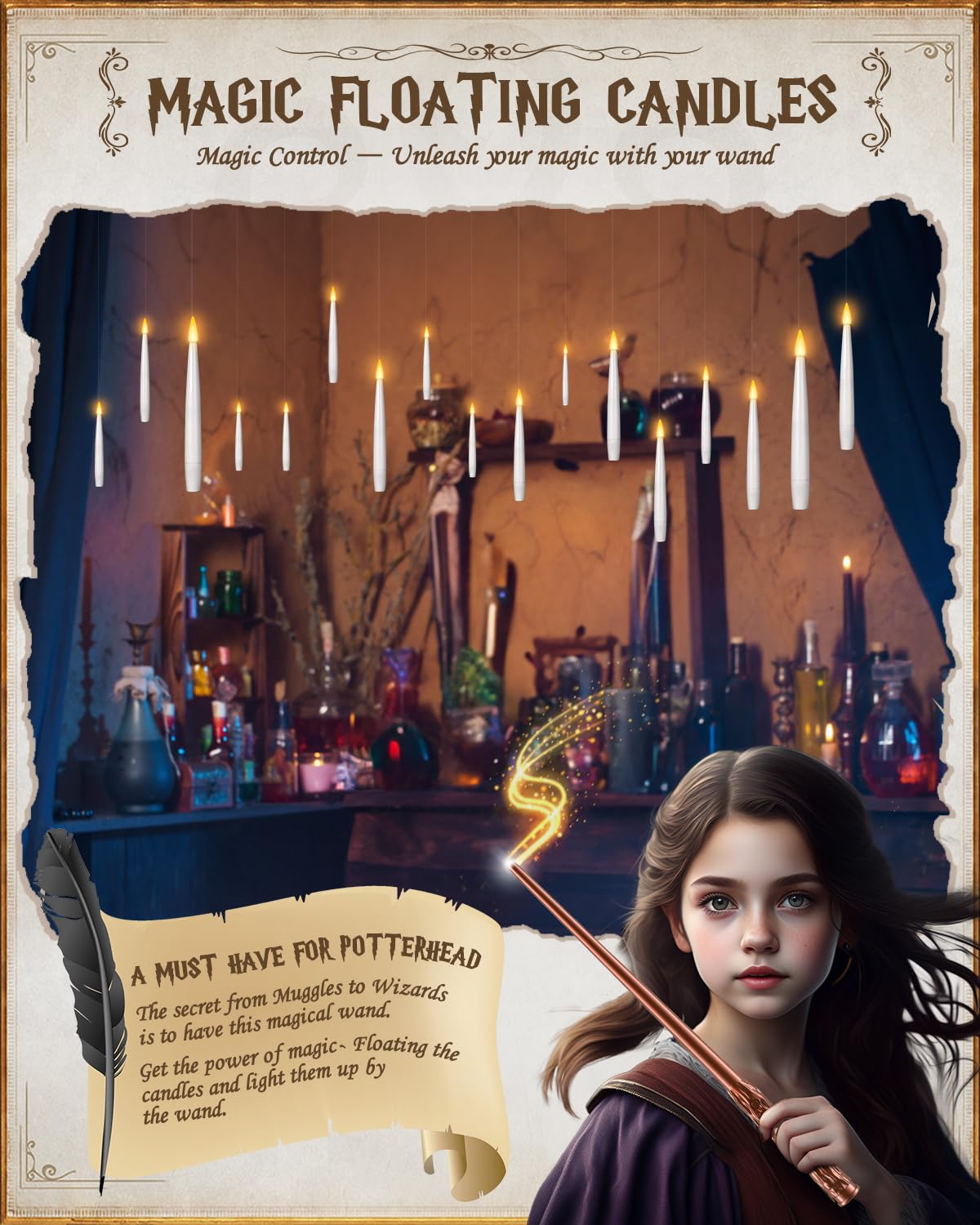 10PCS Floating Magic Candles with Wand – Flameless Hanging Taper Candles, Remote Controlled, Indoor Christmas, Birthday & Wedding Decor