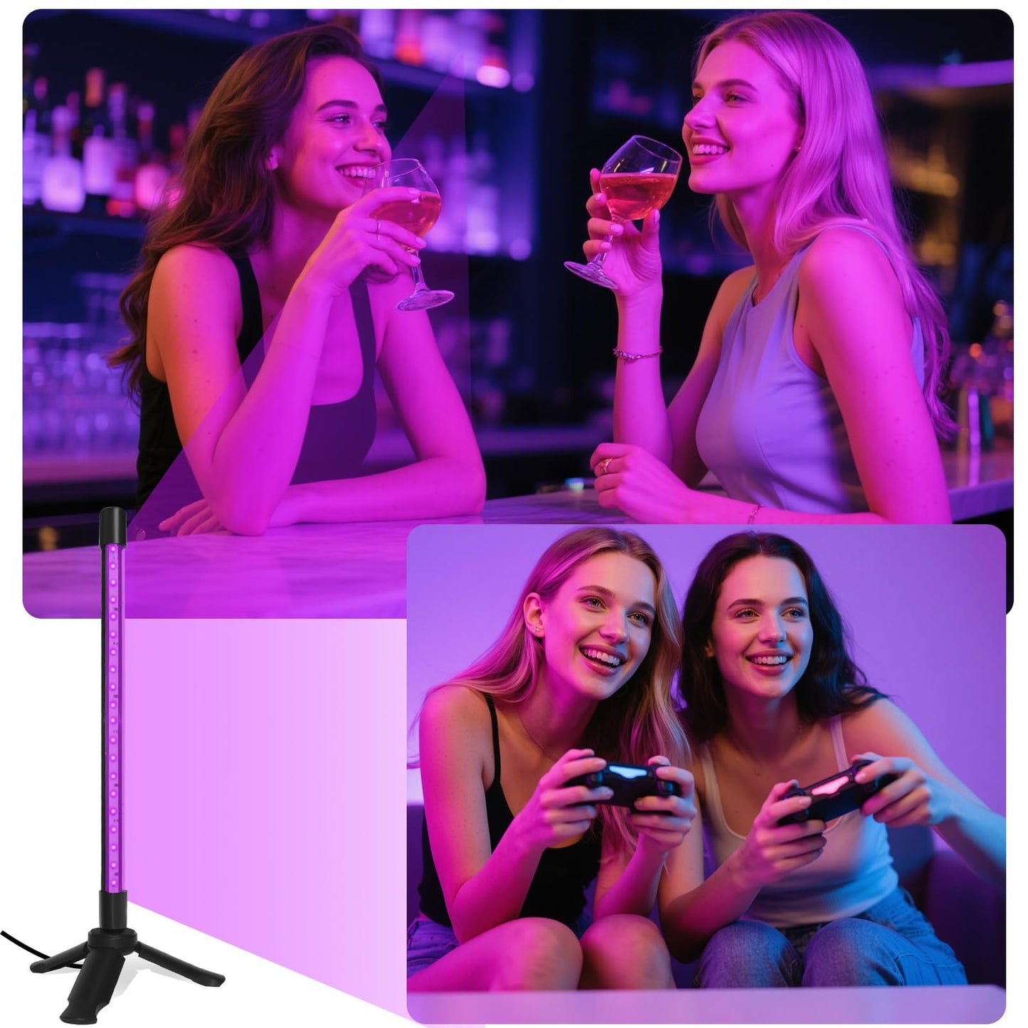 ycponggon 1-Pack LED Black Light with Stand, 10W 1FT Desktop Blacklight Fixture, Triangular Bracket, Vertical Table Light for Parties