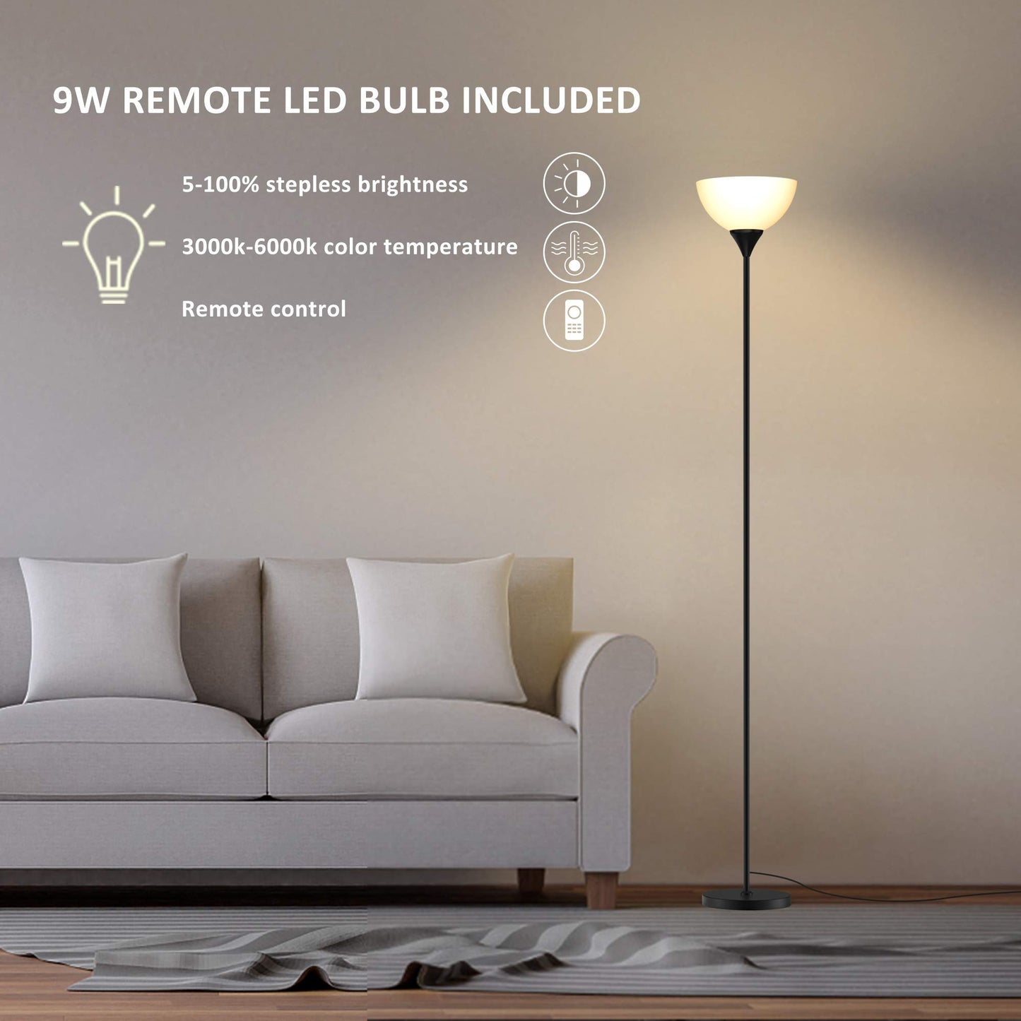 PESRAE Matte Black Floor Lamp with Remote, Stepless Dimming & Color Temperature, Torchiere Lamp for Bedroom & Living Room, Bulb Included