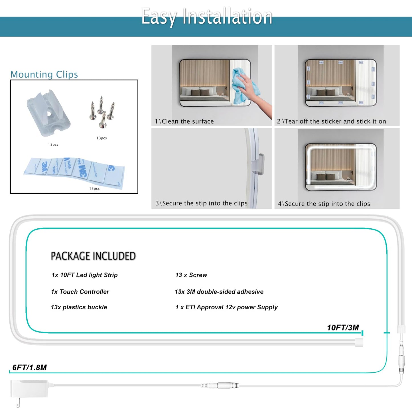 Blikshin LED Vanity Mirror Lights – Hollywood Style, 10FT Dimmable 6000K, Self-Adhesive Strip with 12V Adapter for Makeup & Bathroom