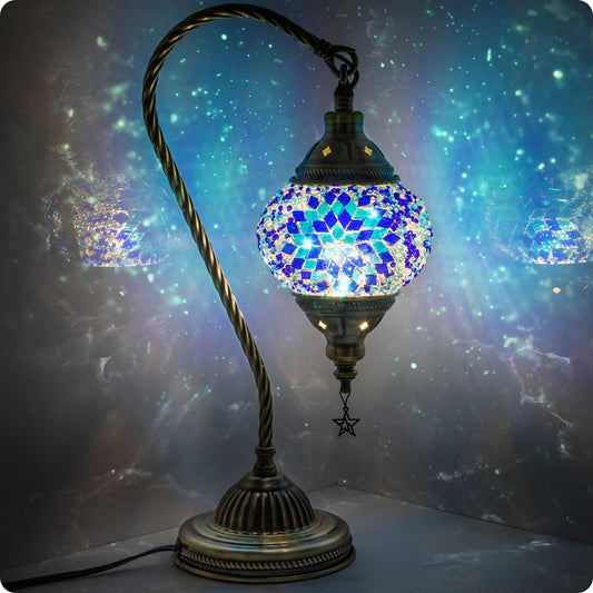 Yarra-Decor Turkish Moroccan Swan Neck Lamp, Bronze Base, 3 Colors, Handmade Tiffany Mosaic Bedside Lamp with LED Bulb