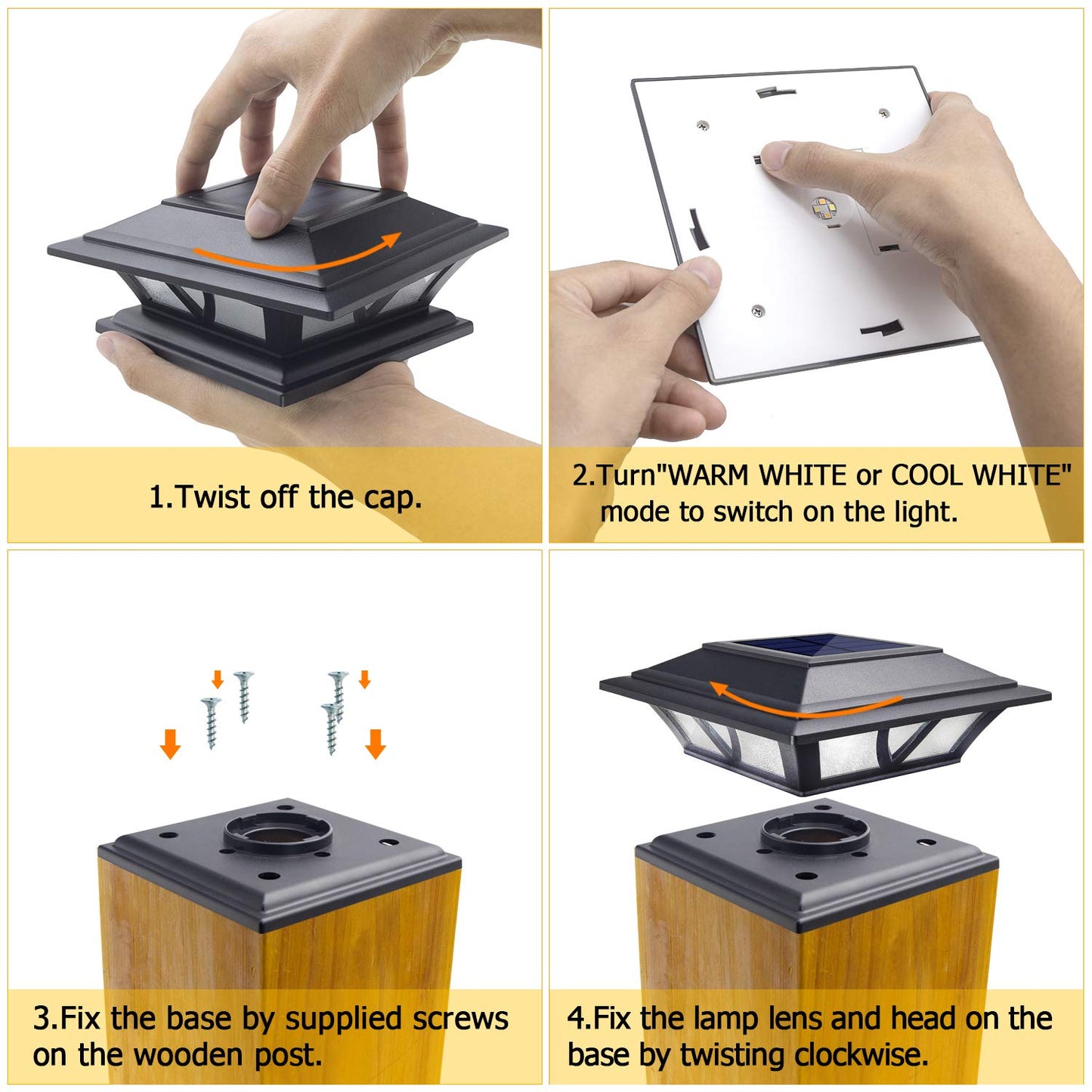 SIEDiNLAR Solar Post Lights 2-Pack for 4x4/5x5/6x6 Posts, LED Deck & Fence Cap Lights, 2 Modes, Warm & Cool White, Outdoor Patio Garden