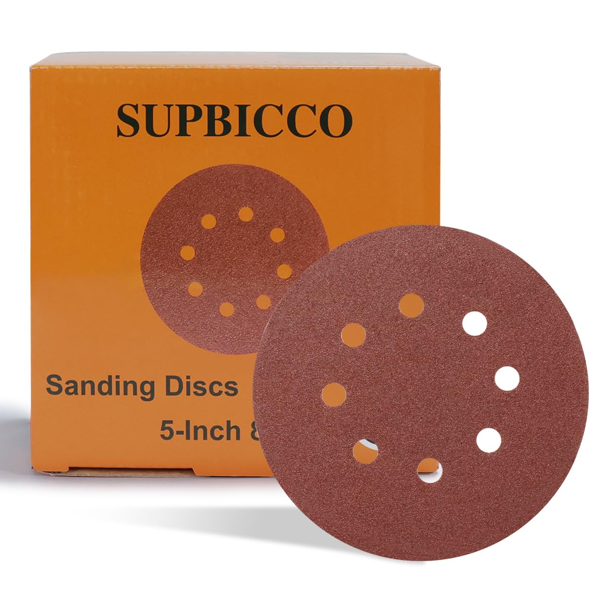 SUPBICCO 5 Inch 8 Hole Sanding Discs Hook and Loop, 50 PCS 80 Grit Round Sand Paper Disc, Aluminum Oxide Sandpaper Pads for Random Orbital Sander