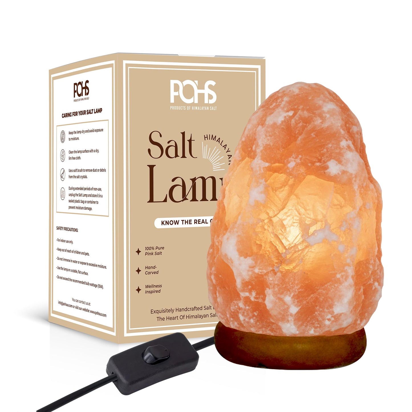 POHS 7 Inches,4-5 lbs, 100% Authentic Natural Himalayan Pink Salt Lamp, Hand Crafted Wooden Base, with on & Off Switch