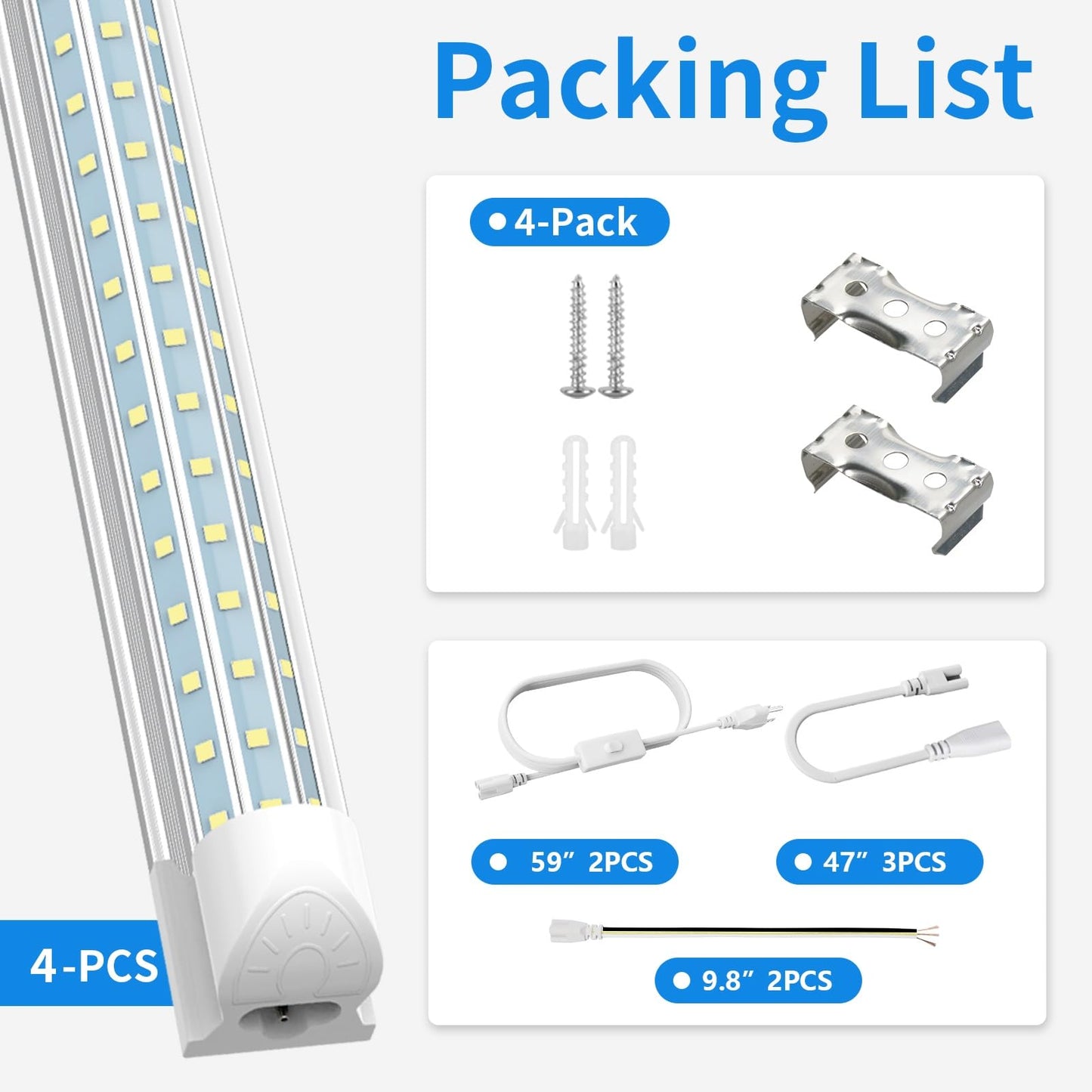 SHOPLED 8FT LED Shop Light 90W 11700LM 6000K Cool White, 300° D-Shape, Linkable T8 Tube, 4-Pack for Garage, Workshop, Warehouse