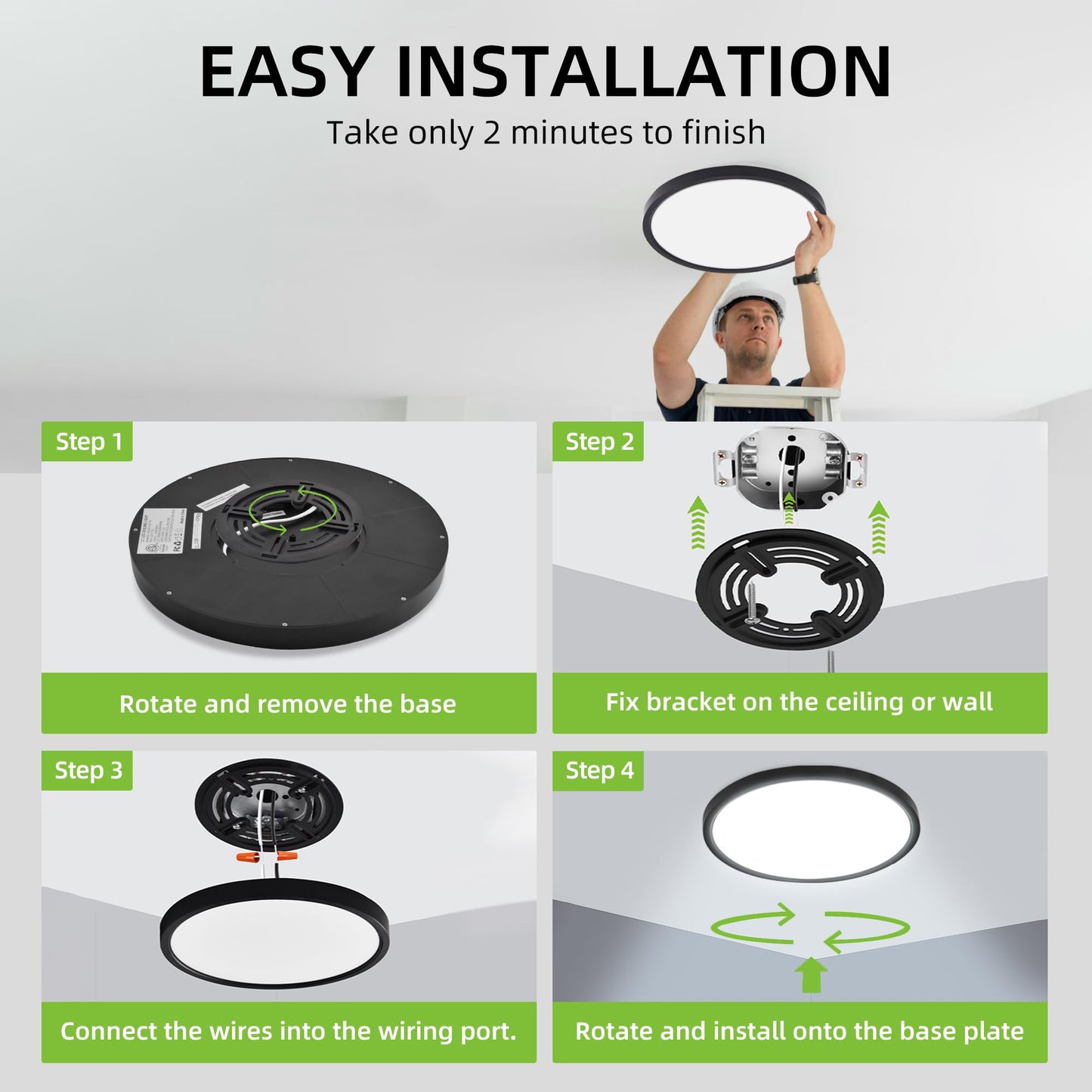 hykolity 2-Pack 12" LED Round Flat Panel Light, 24W, Selectable 3000K/4000K/5000K, Edge-Lit Flush Mount, Black