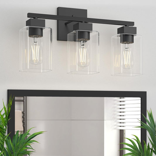 Espird Matte Black 3-Light Bathroom Vanity Light, Square Wall Sconce with Clear Glass Shades, UL Certified, E26 Socket (Bulbs Not Included)